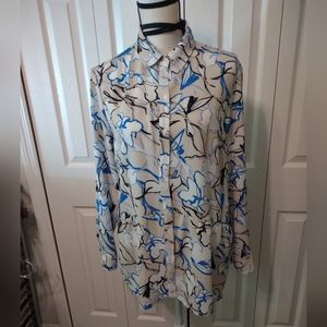 WOMEN'S JONES New York Button Down Blue Floral Multicolor Long Sleeve Blouse Lg